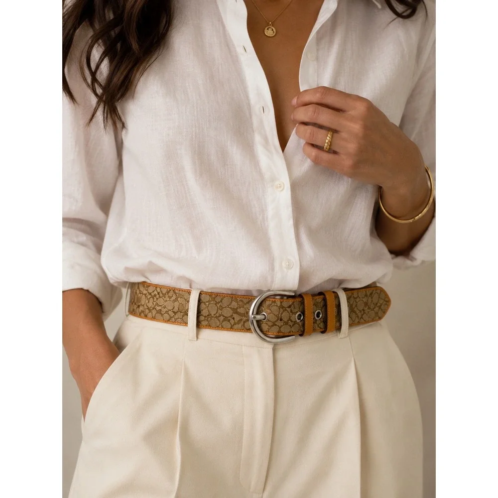 Coach monogram canvas leather belt Size S tan brown designer